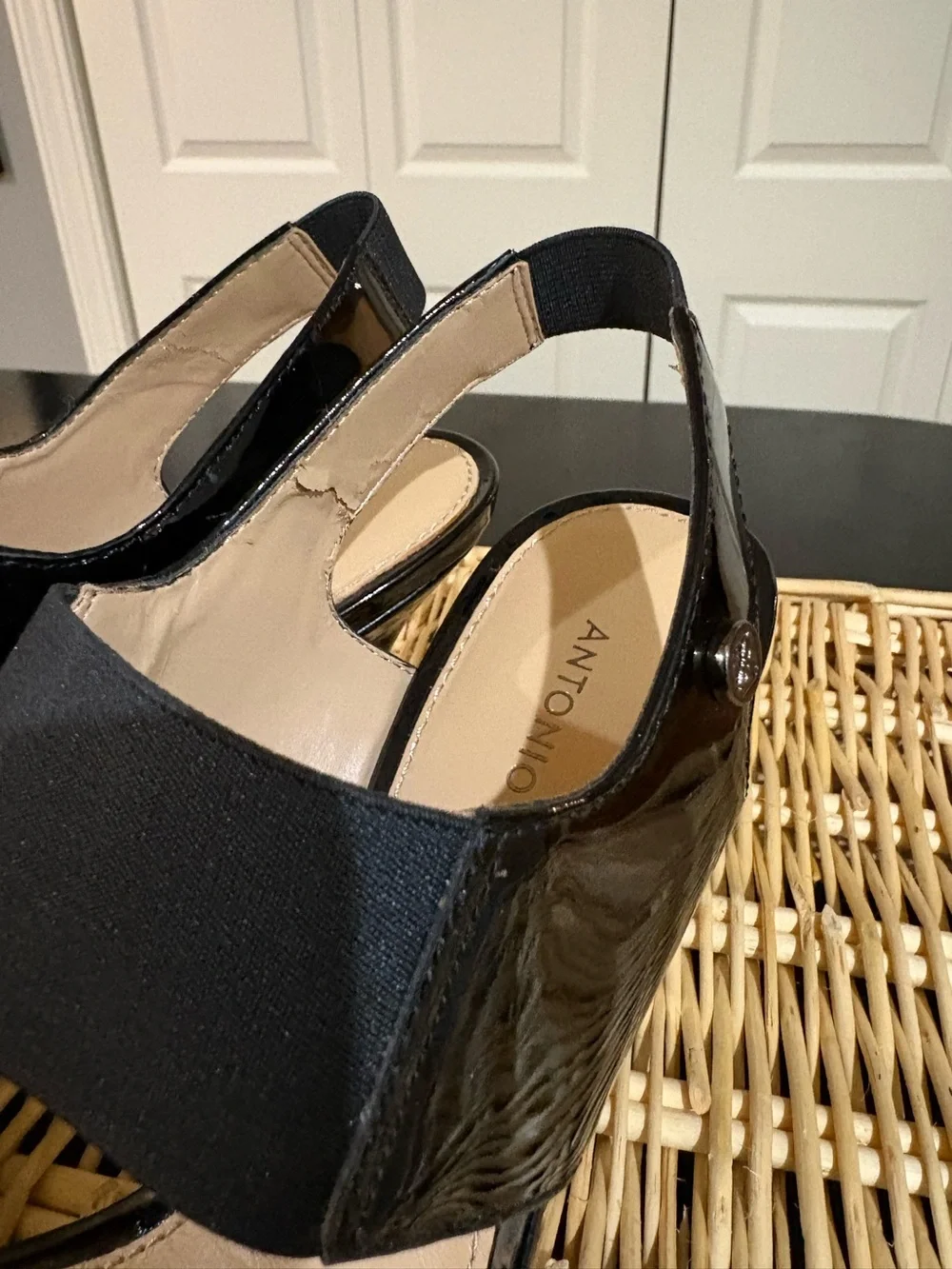 Antonio Melani Black Patent Slingback Heels with Elastic Strap - Women Shoes